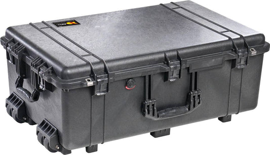 The 1650EU Protector Case is a large, black hard-shell case with sturdy handles, reinforced corners, latches, wheels, and a crushproof exterior, offering durable protection for your valuable equipment.