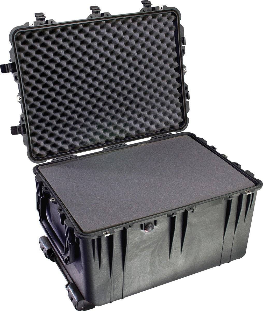 The 1660EU Protector Case is a large black PELI case with an open lid, foam padding, and a solid foam base insert. Its crushproof design delivers rugged protection for your gear.