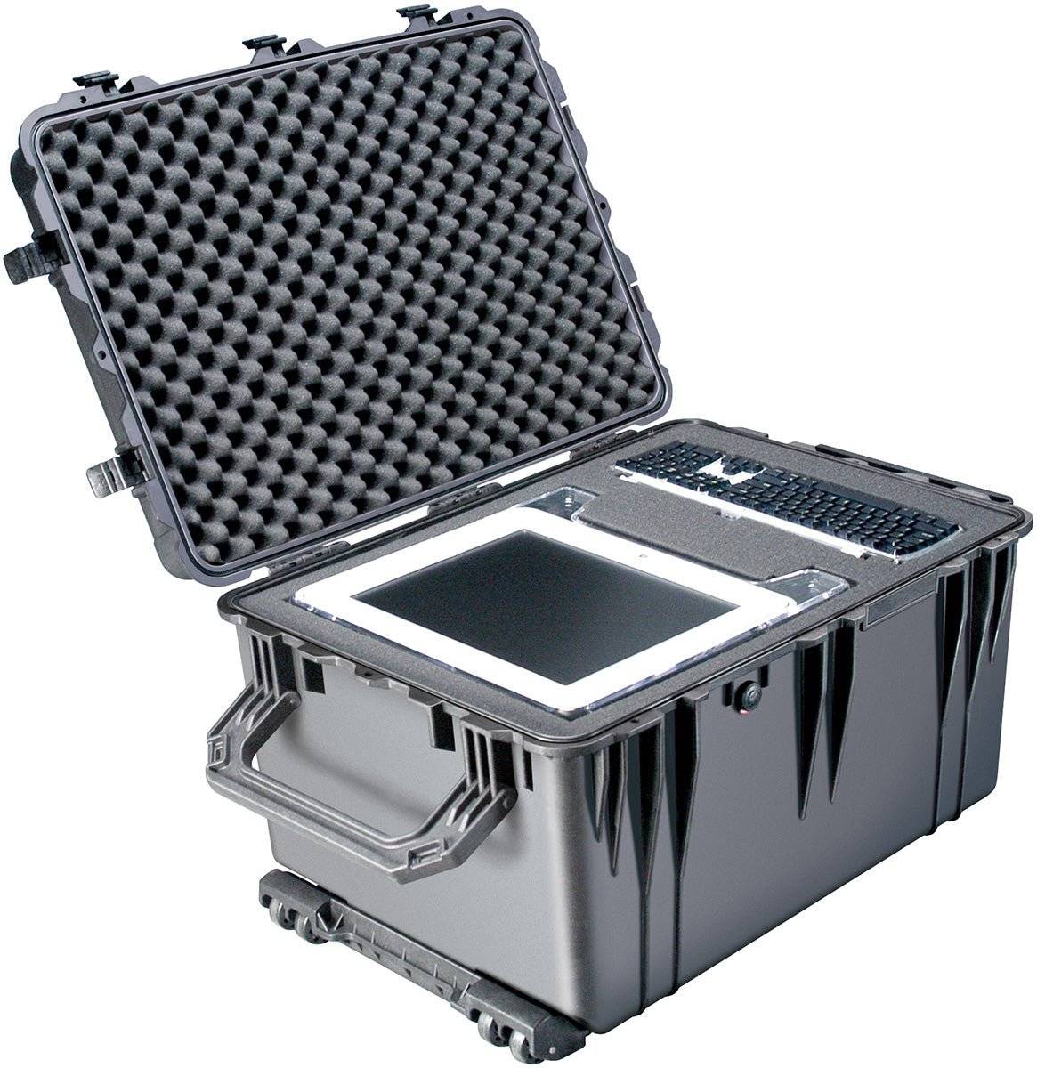 The 1660EU Protector Case is a hard-shell, watertight case with foam padding, shown open with a tablet, keyboard, and multiple compartments inside.