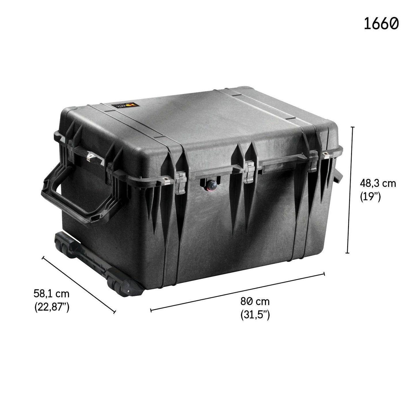 Black hard plastic 1660EU Protector Case with handles and wheels, featuring a watertight, crushproof design. Dimensions: 80 x 58.1 x 48.3 cm (31.5 x 22.87 x 19 in). Model 1660EU shown in the corner.