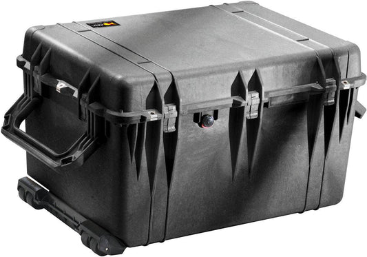 The 1660EU Protector Case is a large, hard-shell PELI case with sturdy handles, secure latches, a built-in pressure valve, and wheels for easy transport—offering crushproof protection for your gear.