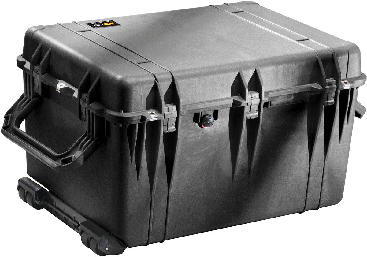The 1660EU Protector Case is a large, hard-shell PELI case with sturdy handles, secure latches, a built-in pressure valve, and wheels for easy transport—offering crushproof protection for your gear.