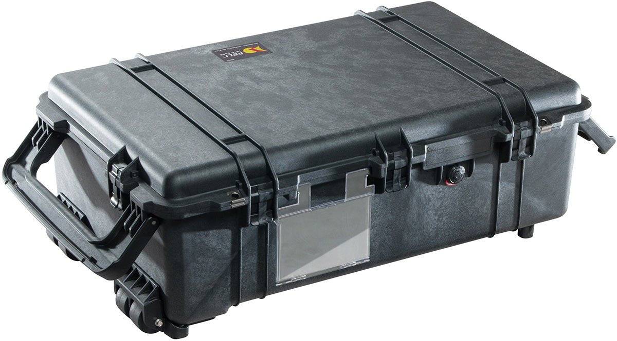 The black 1670 Protector Case features secure latches, a side handle, and a clear front label holder, offering crushproof, reliable protection for your gear.