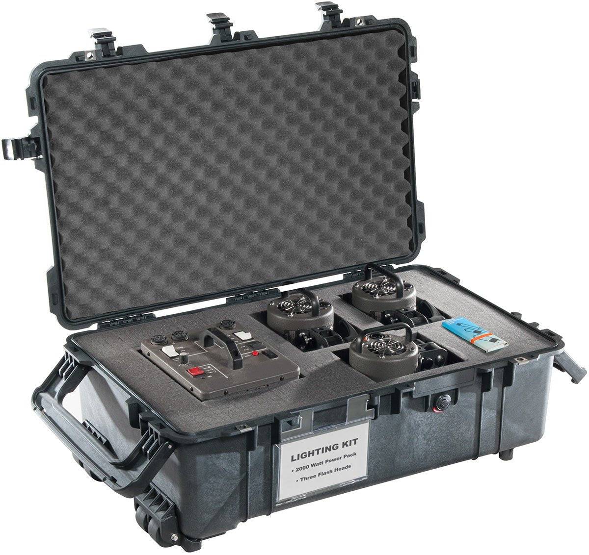 The 1670 Protector Case holds a lighting kit with three flash heads, a control unit, and accessories in custom foam, providing crushproof protection for your equipment.