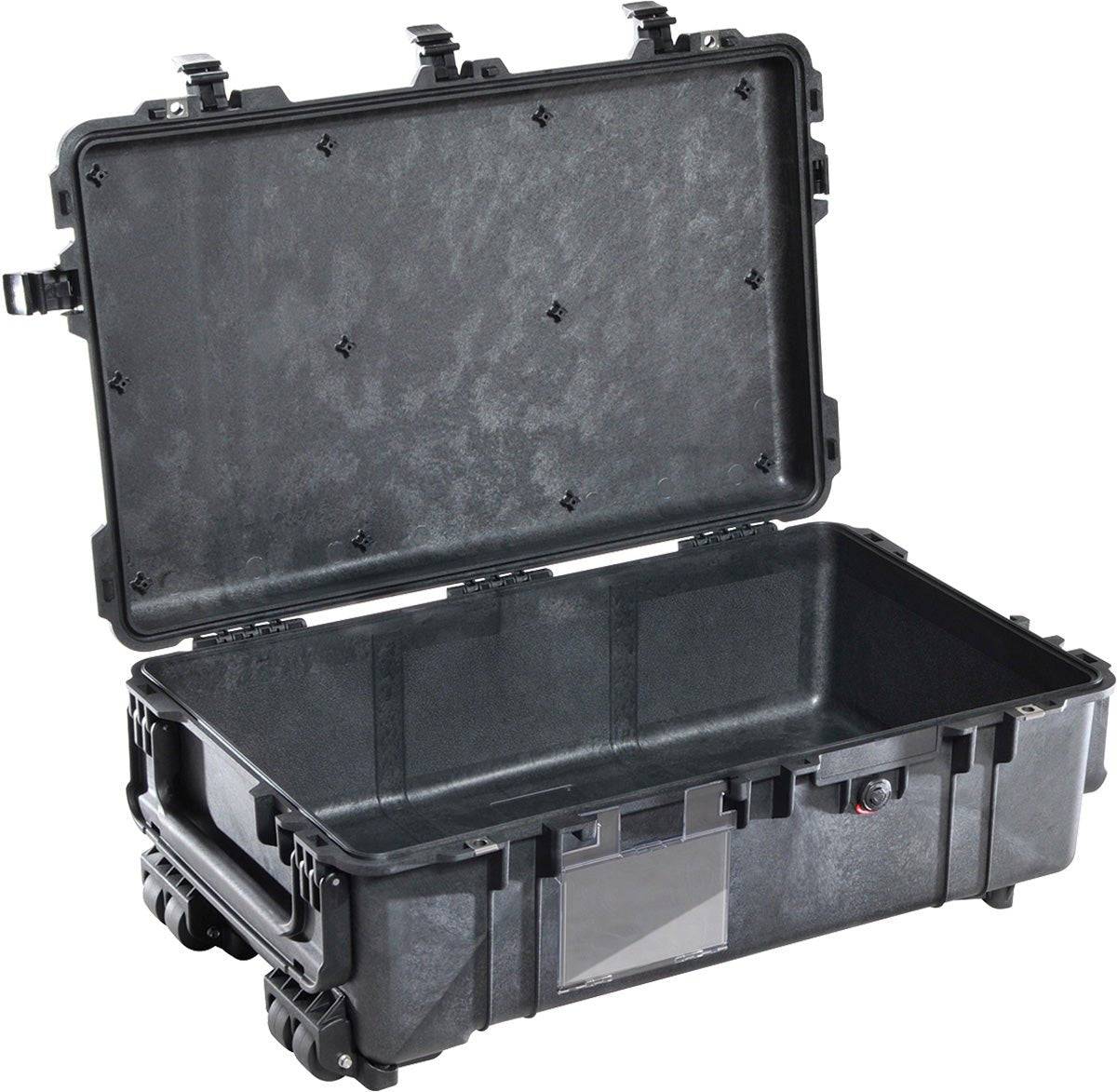 The 1670 Protector Case is a large, hard-shell black case with an open lid, foam interior, side handle, latches, and a transparent front label holder—engineered as a crushproof case for maximum protection.