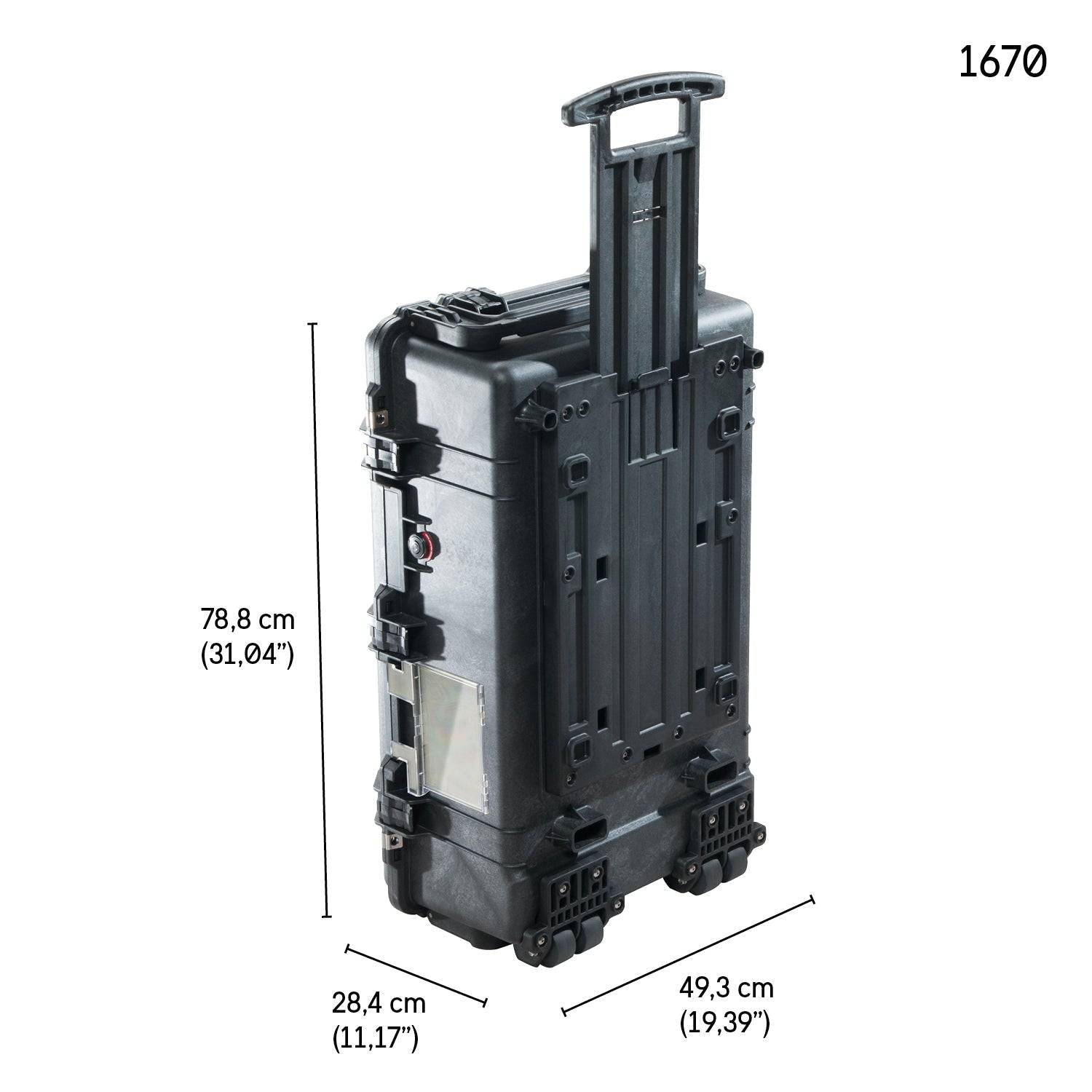 The 1670 Protector Case is a black hard-shell, crushproof, and watertight case with handle extended; dimensions are 78.8 x 28.4 x 49.3 cm (31.04 x 11.17 x 19.39 in), offering ultimate protection for your gear.