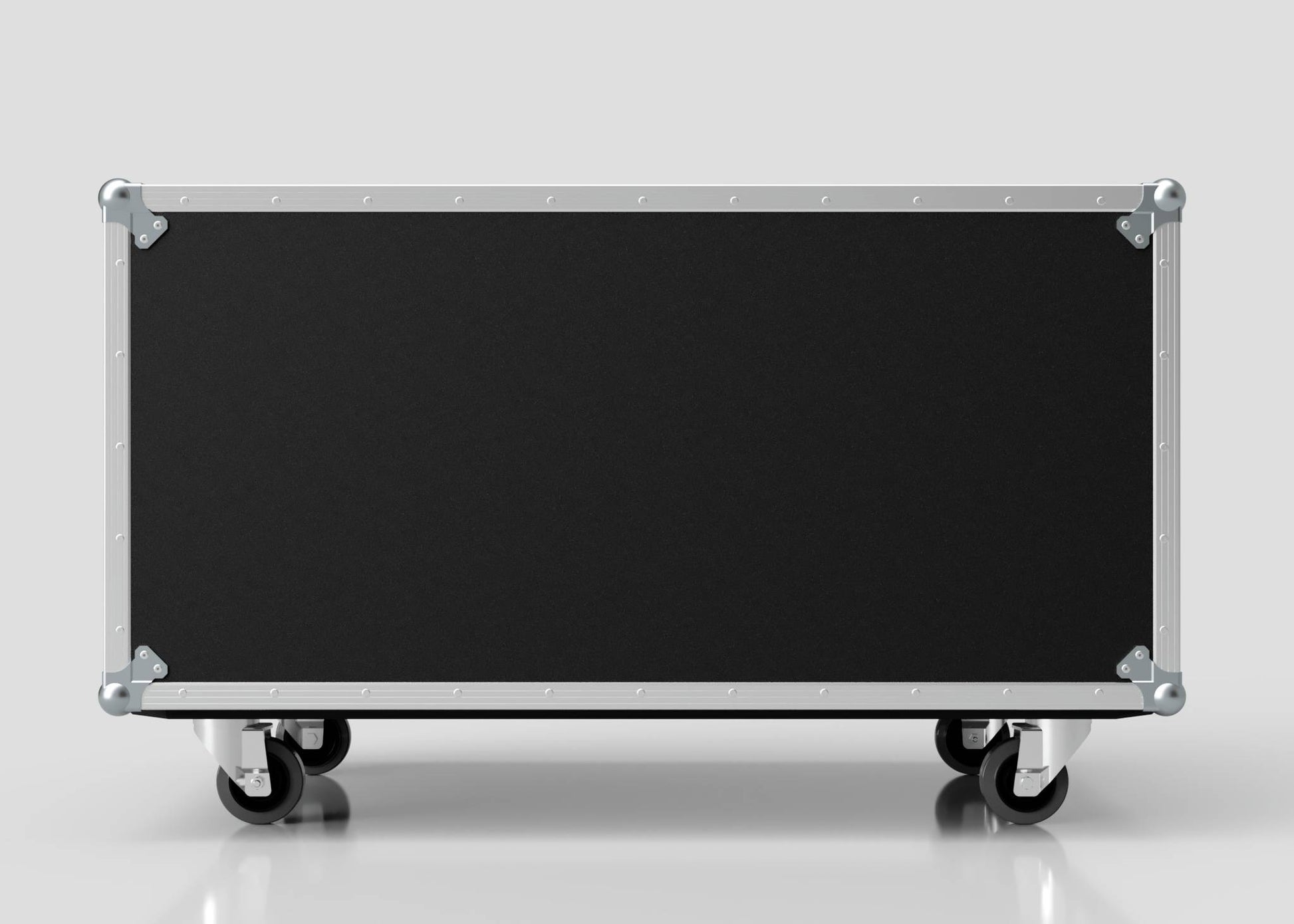 A 16U Double Bay Rack Case in black with metal edges and corner protectors sits on four caster wheels against a plain light background.