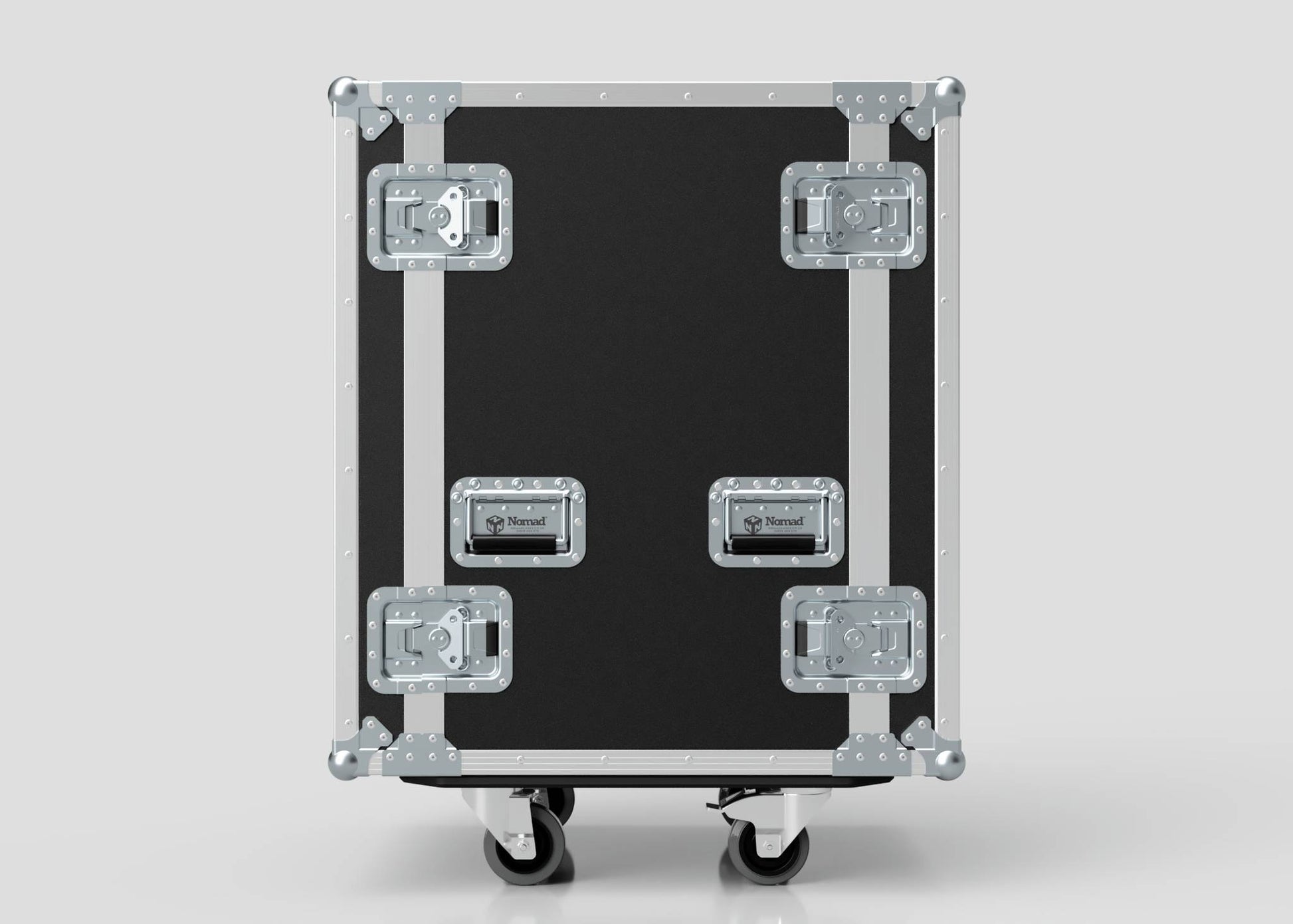The 16U Foam Shock Mounted 19" Rack Case in black and silver features foam mount racks, metal reinforcements and latches, plus two caster wheels, shown upright on a plain light background.