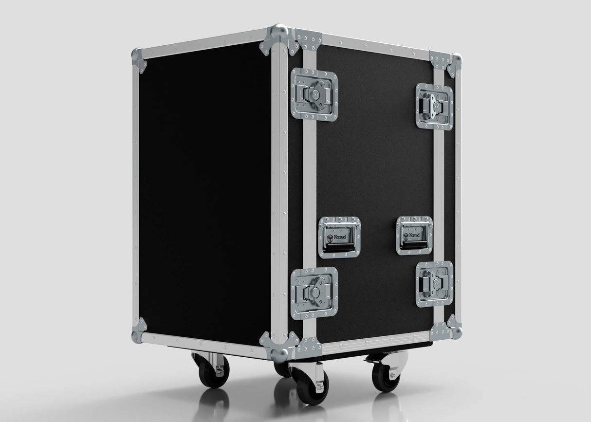 The 16U Foam Shock Mounted 19" Rack Case, made from European Birch plywood with metal edges, rack strips, handles, and wheels, is shown against a plain light background.