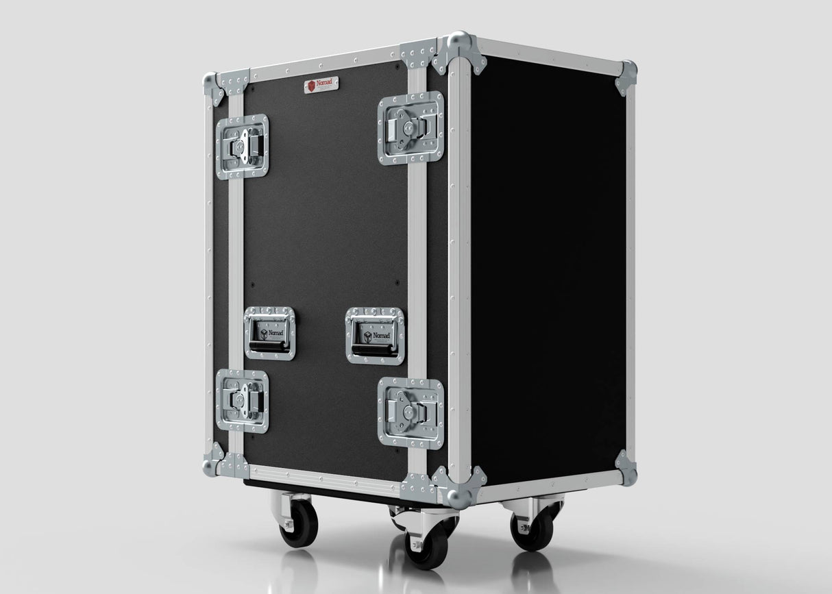 The 16U Standard Rack Case is a black and silver hard case with metal reinforcements, handles, and four wheels, shown against a plain background.