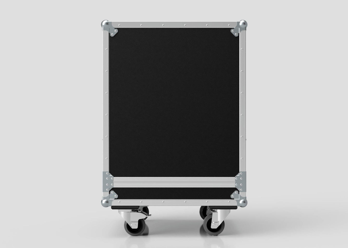 A 16U Standard Rack Sleeve With Case With Lift Off Lid, featuring metal corners, edges, and four caster wheels, is shown on a plain light gray background. The external dimensions are 622 x 678 x 1000 mm.