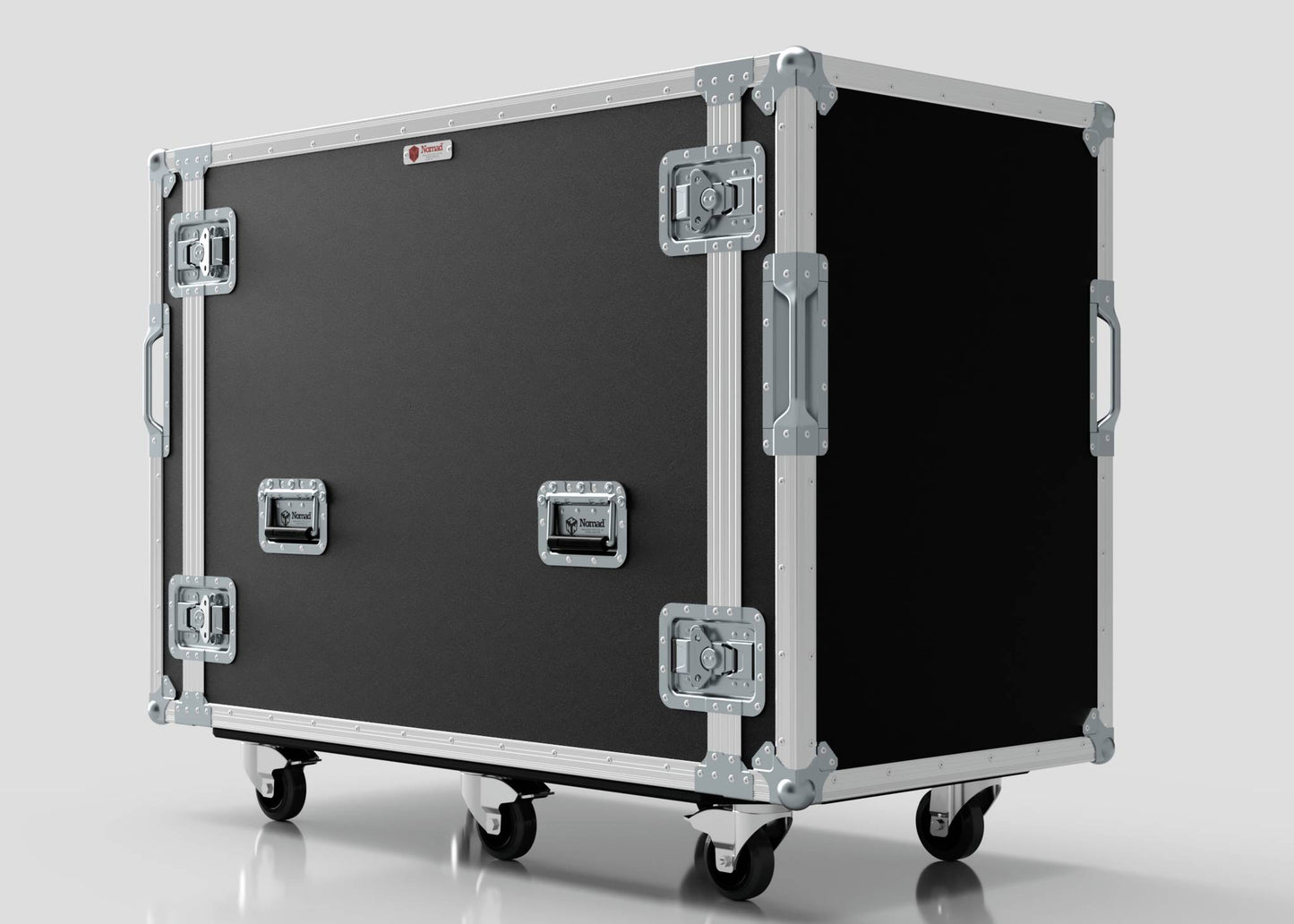 A 16U x 1032mm Suspended Shock Mounted Data Server Rack in a large black flight case with metal reinforcements, handles, latches, and four caster wheels. Ideal for secure transport; external dimensions measured in mm for precise fit.