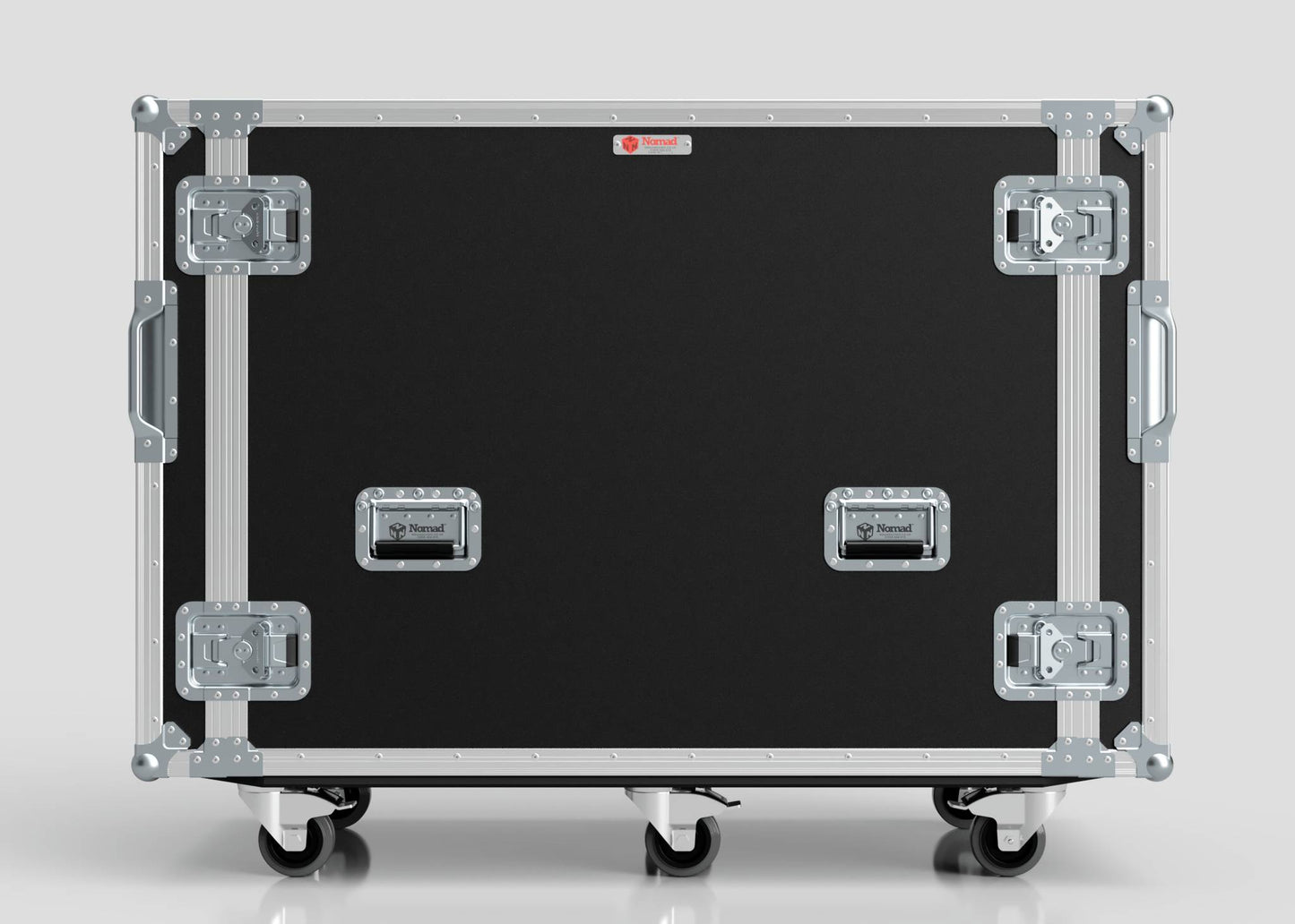 A large black and silver 16U x 1032mm Suspended Shock Mounted Data Server Rack road case with metal reinforcements, latches, handles, and four caster wheels is shown against a plain background.
