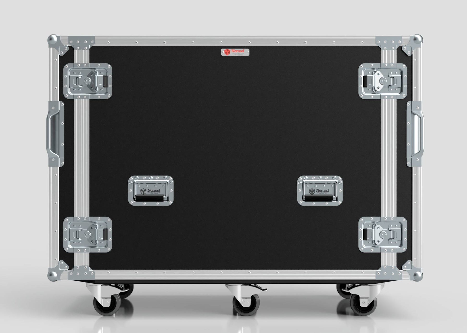 A large black and silver 16U x 1032mm Suspended Shock Mounted Data Server Rack road case with metal reinforcements, latches, handles, and four caster wheels is shown against a plain background.