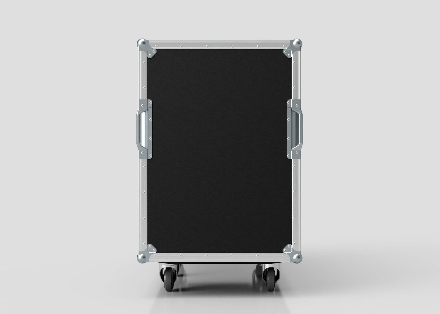 The 16U x 1032mm Suspended Shock Mounted Data Server Rack, shown upright against a plain background, features a rectangular black and silver design with metal handles and corner protectors for durability and ample internal space.