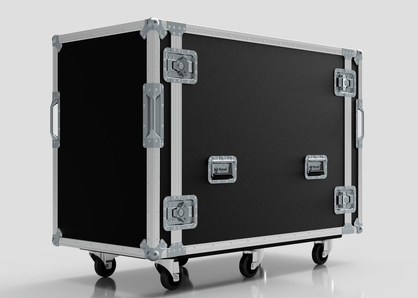 A 16U x 1032mm Suspended Shock Mounted Data Server Rack in black, featuring metal edges, corner guards, latches, handles, and four caster wheels. Its external dimensions are precisely built to meet your specific requirements.