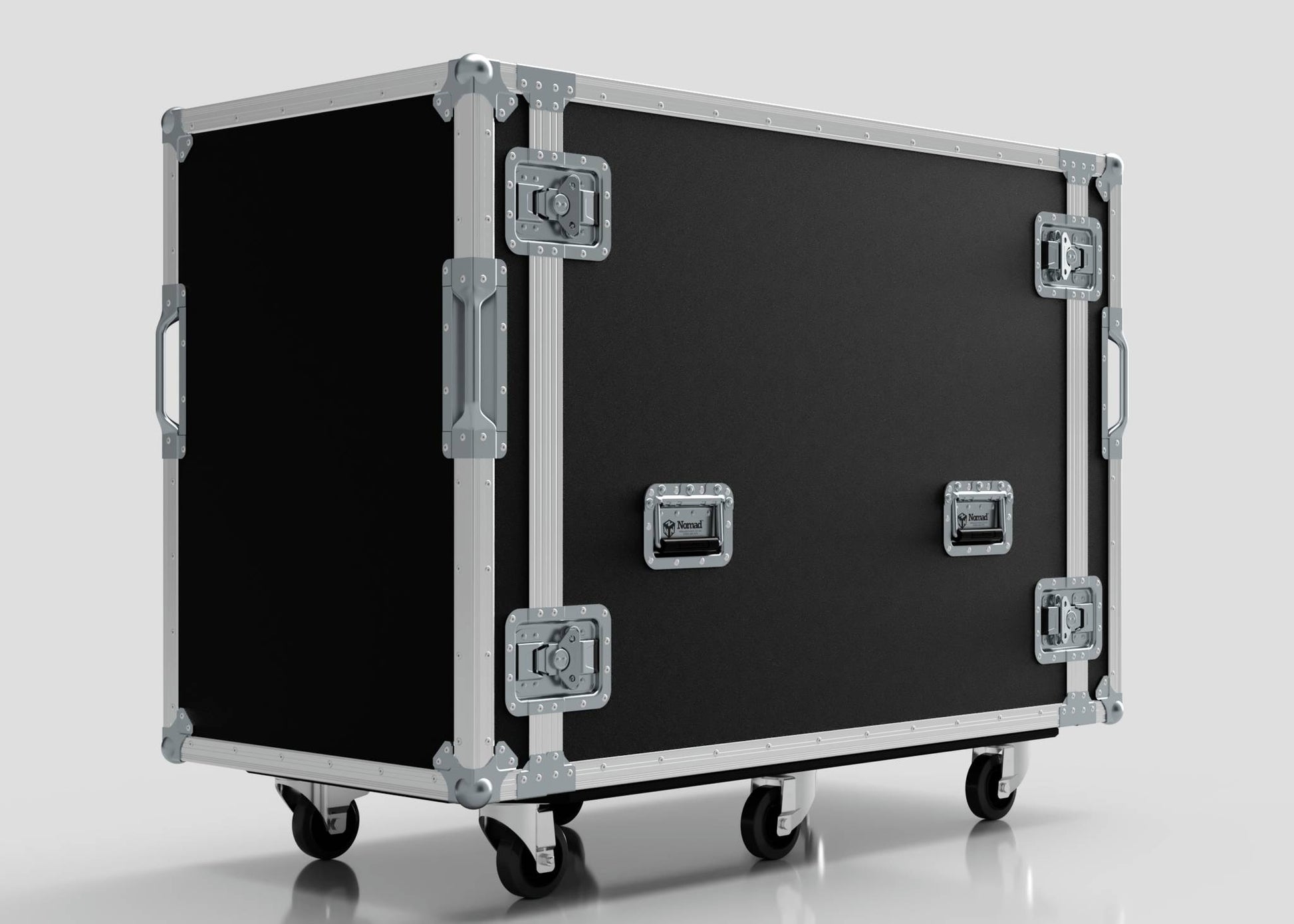 A 16U x 1032mm Suspended Shock Mounted Data Server Rack in black, featuring metal edges, corner guards, latches, handles, and four caster wheels. Its external dimensions are precisely built to meet your specific requirements.