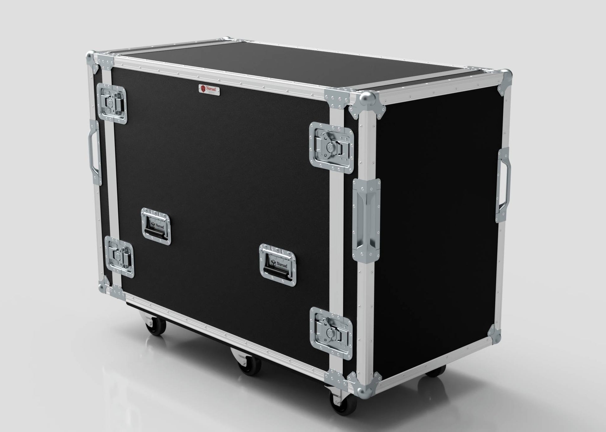 The 16U x 1032mm Suspended Shock Mounted Data Server Rack is a large black rectangular road case with metal edges, latches, handles, and wheels, designed for safe equipment transport. External dimensions are in mm for a precise fit.