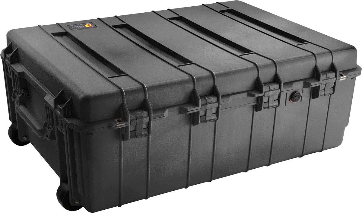 The 1730 Protector Transport Case is a large, black PELI case with wheels, handles, multiple latches, and a top-corner label—ideal for robust equipment protection during transport.