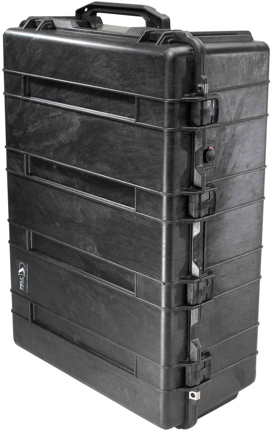 The black PELI 1730 Protector Transport Case, featuring a hard shell, handle, and multiple latches, stands upright and provides a watertight storage solution for protective equipment.