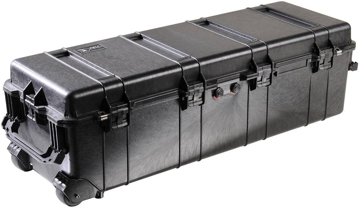The 1740 Protector Long Case is a large black hard-shell, dustproof case with wheels and handle, ideal for long gear storage and secure transport. Multiple latches provide watertight closure.