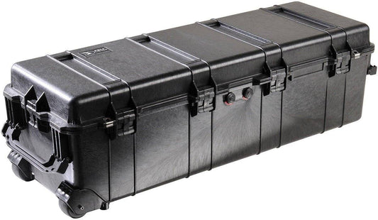 The 1740 Protector Long Case is a large black hard-shell, dustproof case with wheels and handle, ideal for long gear storage and secure transport. Multiple latches provide watertight closure.