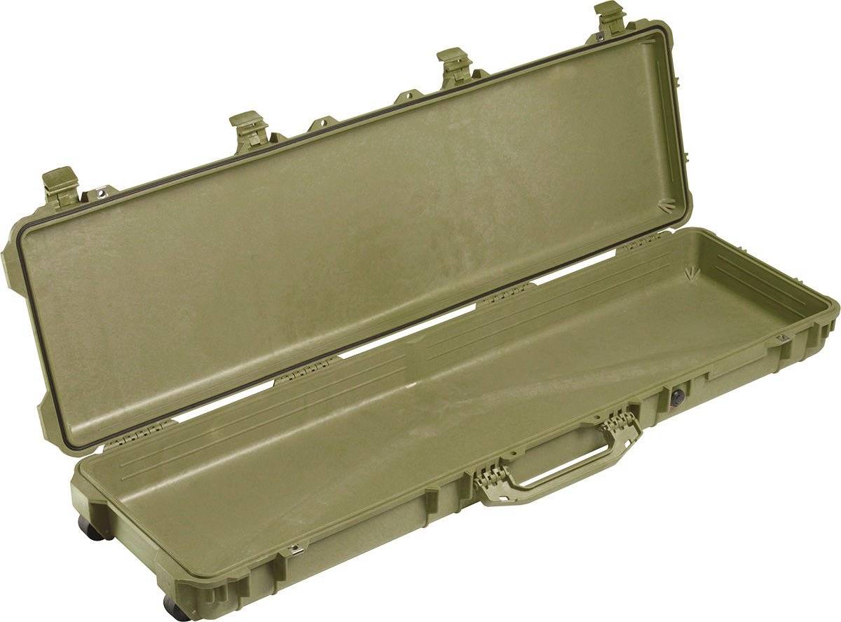 The olive green 1750 Protector Long Case, made of hard plastic, features an open lid, empty interior, four latches, and a handle; this crushproof PELI case ensures ultimate protection.