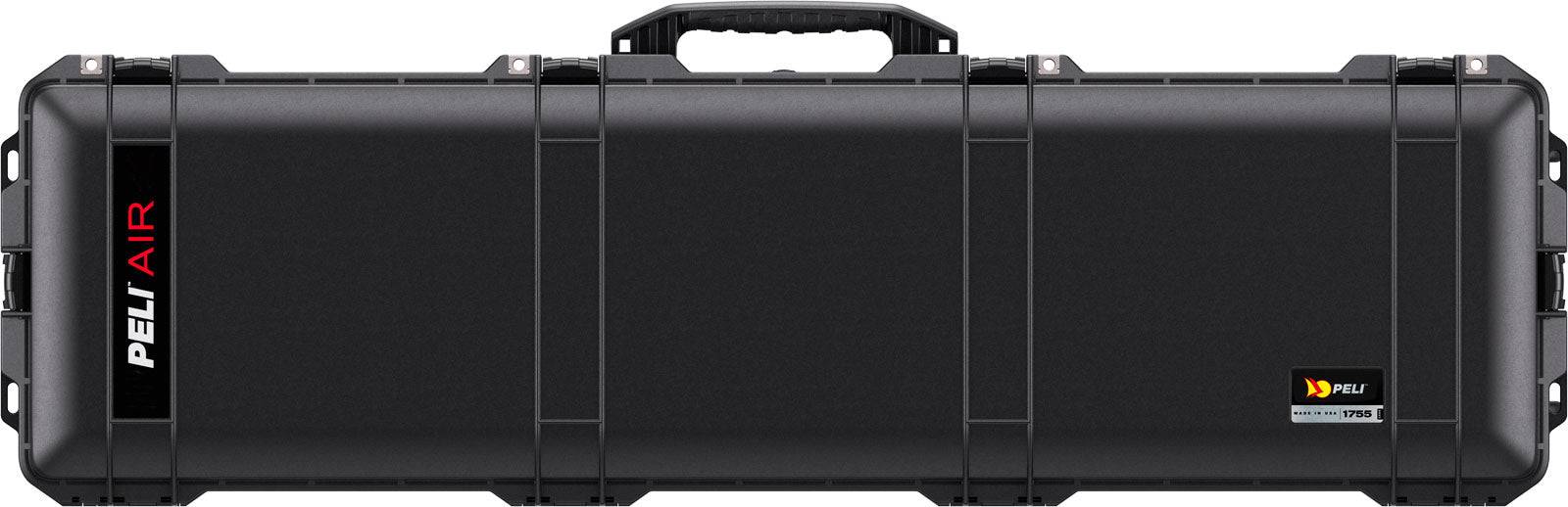 The 1755 Air Case is a closed black protective case with a central handle, secure front latches, branded logos, and a lightweight, durable design for easy portability.