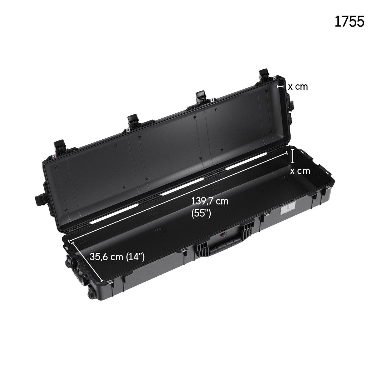 Open black 1755 Air Case, a lightweight protective case with interior dimensions of 139.7 cm (55”) long, 35.6 cm (14”) wide, and height labeled as x cm.