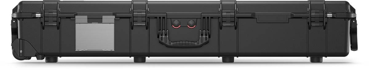 The 1770 Protector Long Case is a black hard-shell PELI case with a handle, multiple latches, and a label holder; shown closed from the front, it's designed to be watertight.
