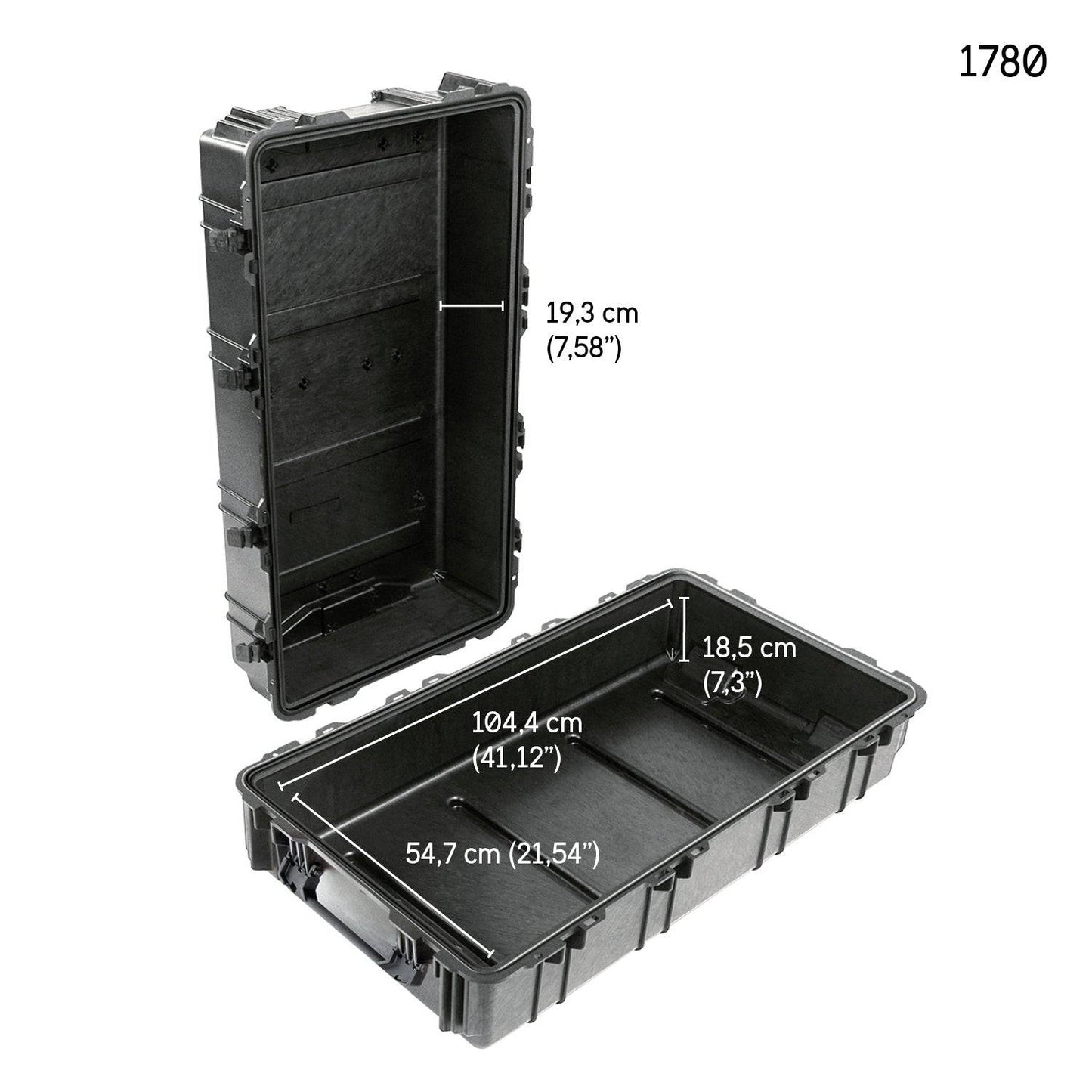 The 1780 Protector Transport Case, shown open to display its spacious interior (19.3 cm x 18.5 cm x 104.4 cm x 54.7 cm), is a crushproof equipment case, item number 1780, featured in the top right corner.