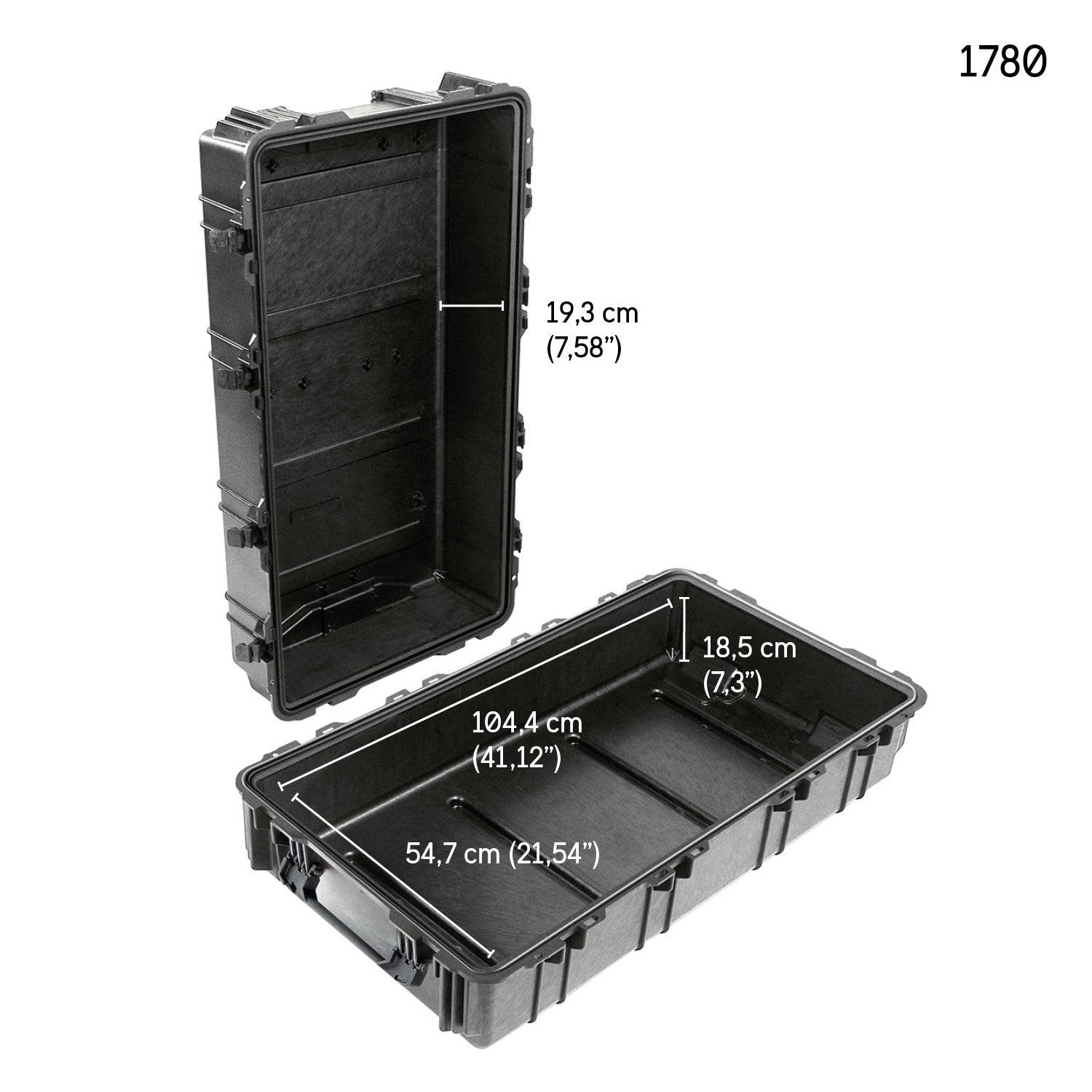 The 1780 Protector Transport Case, shown open to display its spacious interior (19.3 cm x 18.5 cm x 104.4 cm x 54.7 cm), is a crushproof equipment case, item number 1780, featured in the top right corner.
