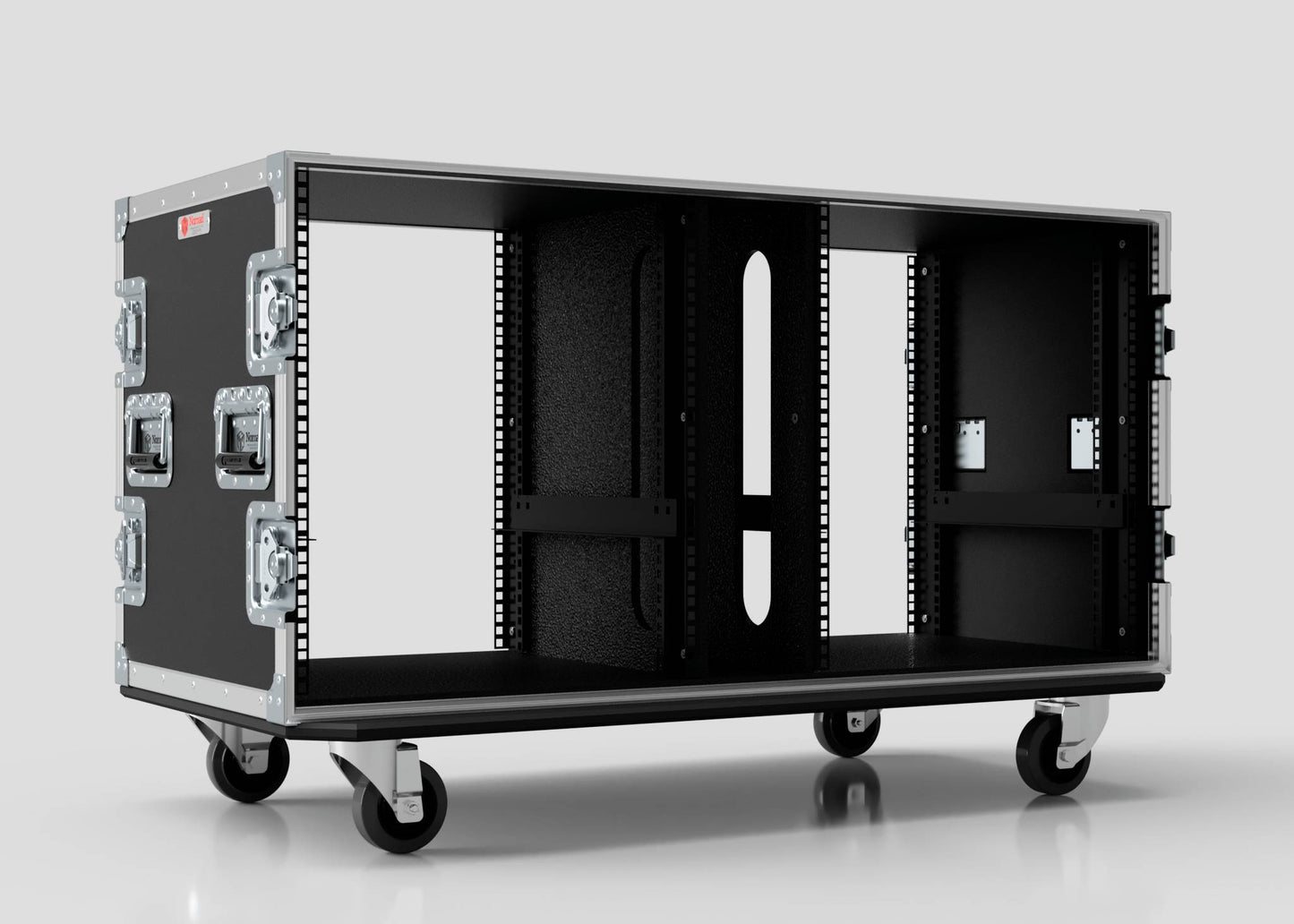 The 17U Double Bay Rack Case is a black, wheeled rackmount case with metal handles and open front and back, designed for transporting electronic gear.