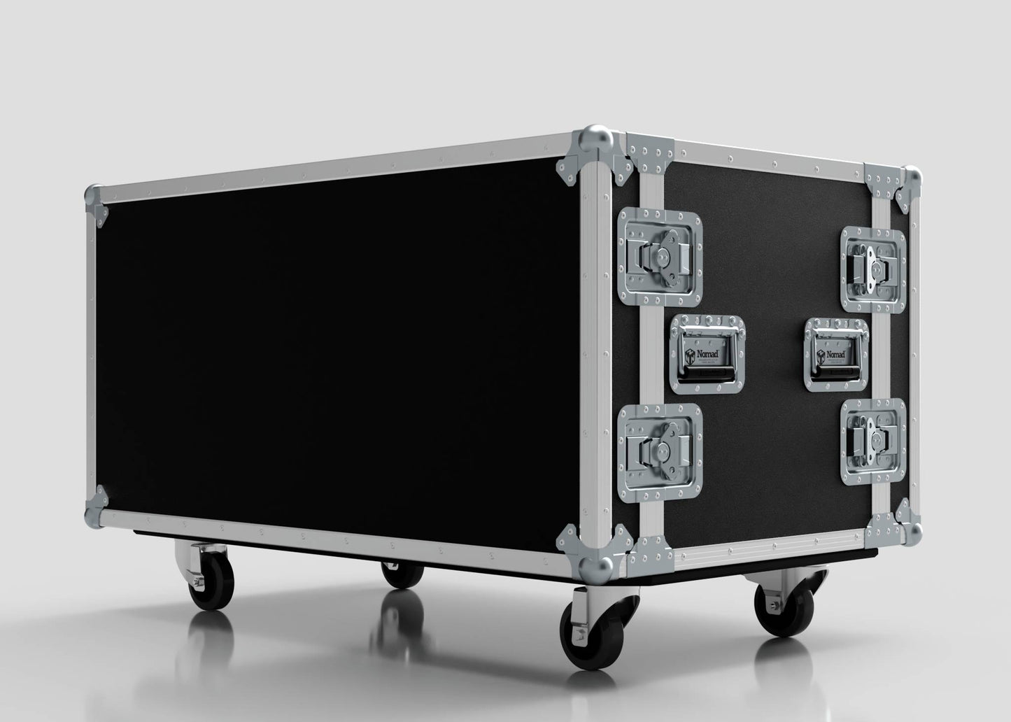 The 17U Double Bay Rack Case is a large black rolling flight case with metal edges, corner protectors, two handles, and four caster wheels, set against a plain light background.