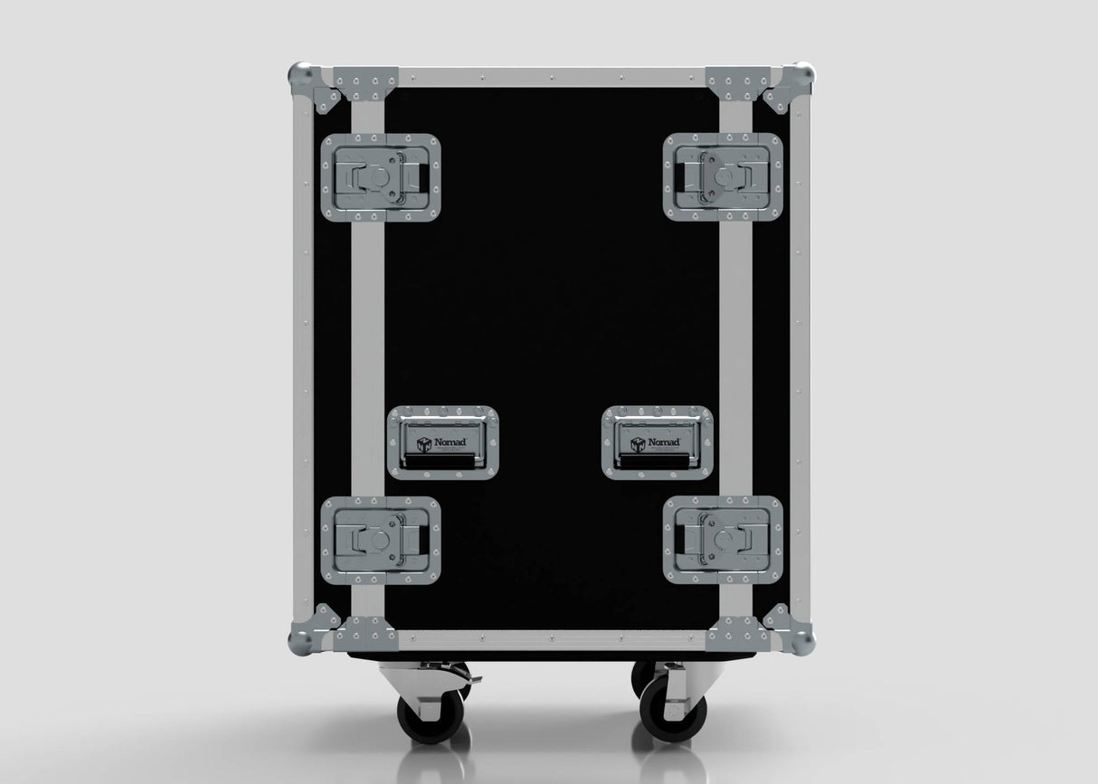 The 17U Standard Rack Case is a black equipment rack made from European Birch plywood, with metal reinforcements, four handles, and four caster wheels, pictured on a plain white background.