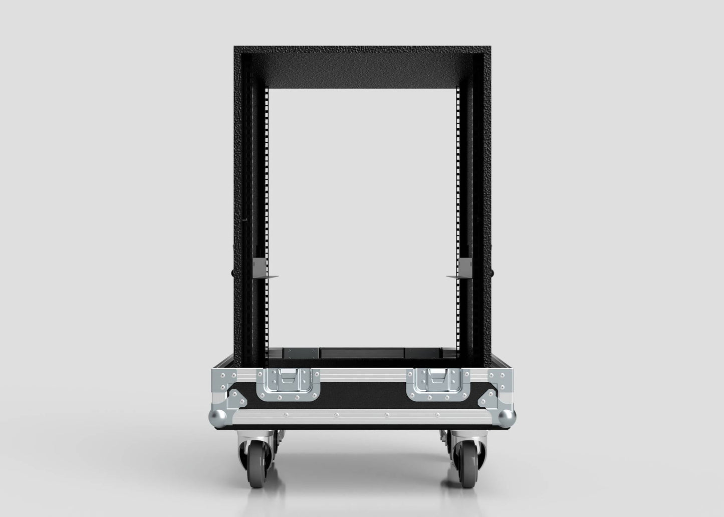 The 17U Standard Rack Sleeve With Case With Lift Off Lid is a black, open-frame equipment rack on four caster wheels, shown from the front against a plain light gray background.