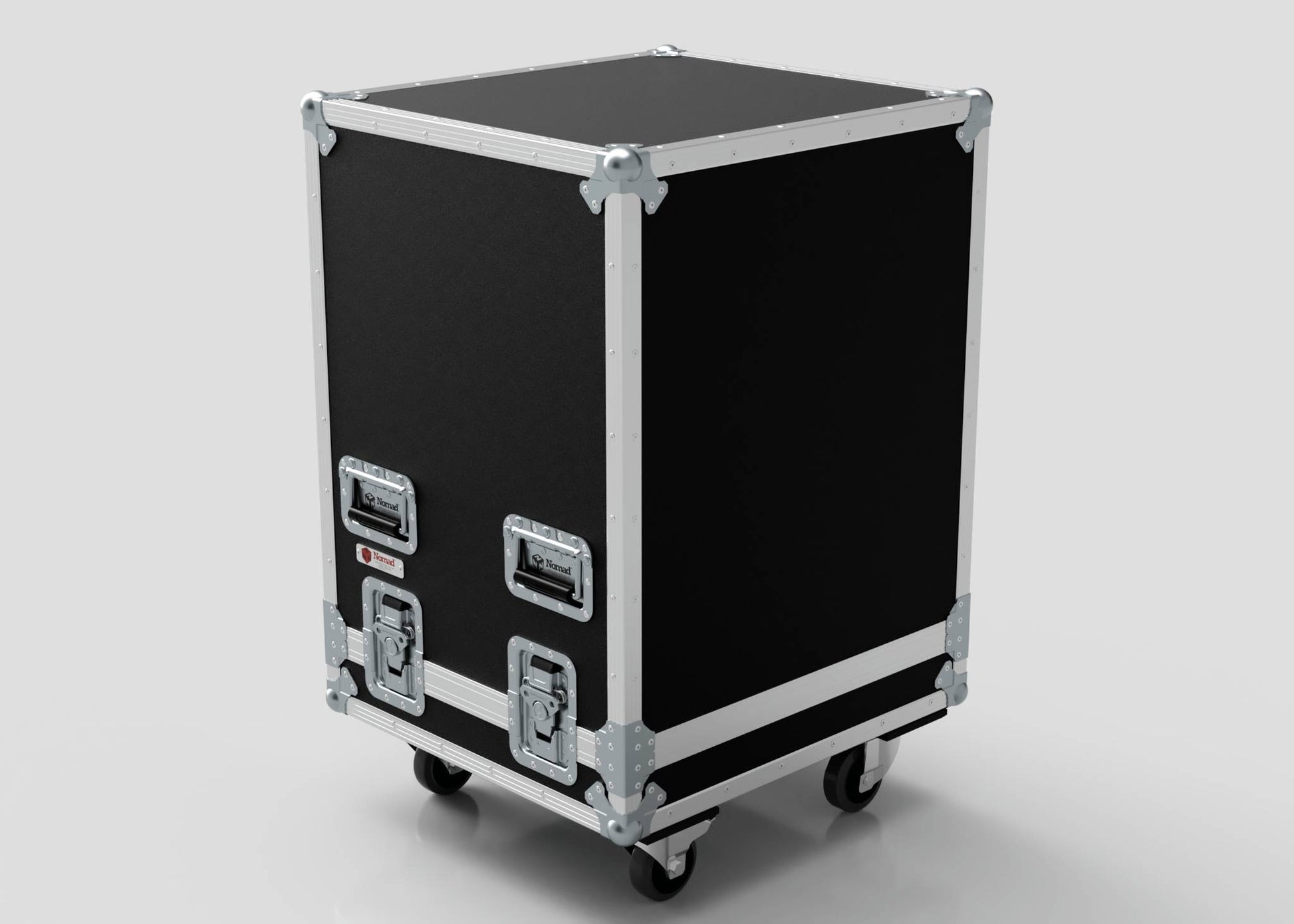 A 17U Standard Rack Sleeve with Case and Lift Off Lid in black and silver, featuring metal edges, two front latches, handles, and four caster wheels, set against a plain light background.