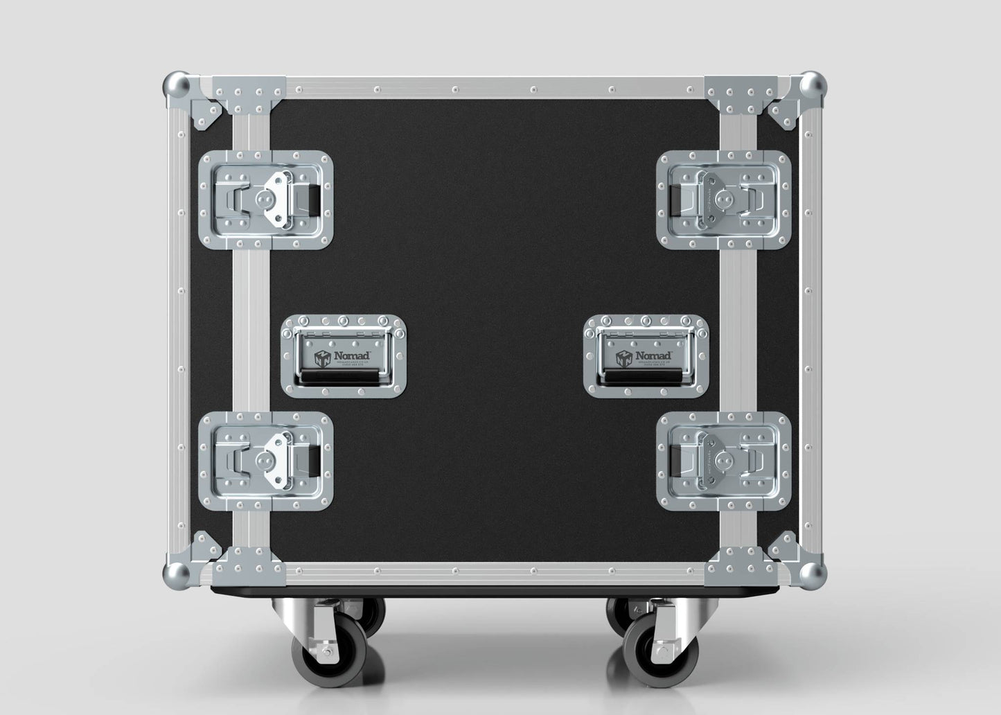 A 17U Suspended Shock Mounted Rack Case in black and silver, made of European Birch plywood with metal corners, latches, and handles, sits on a light gray background.