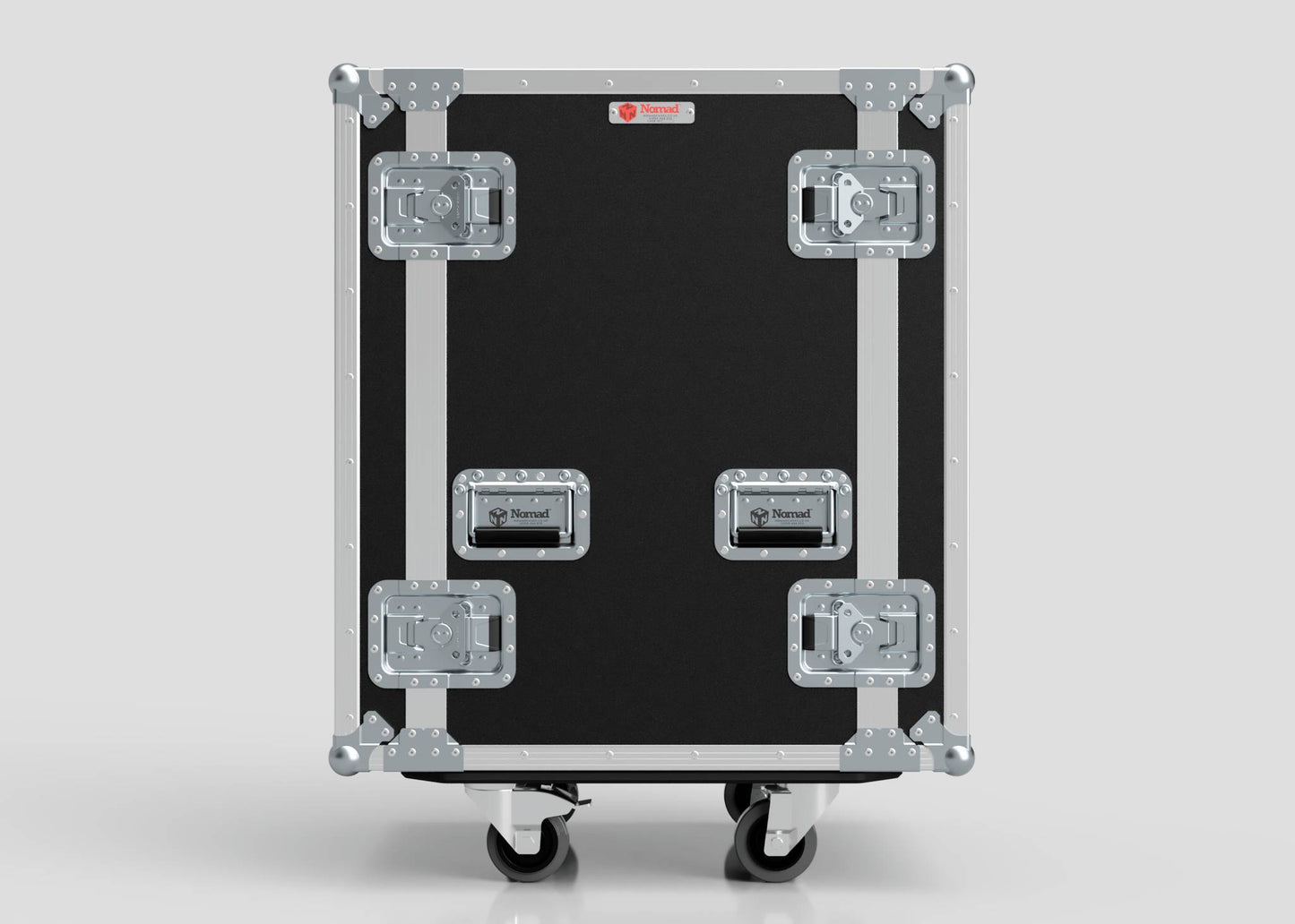 An 18U Foam Shock Mounted 19" Rack Case in black and silver, featuring reinforced metal corners, multiple latches, and four wheels, stands against a plain light gray background.