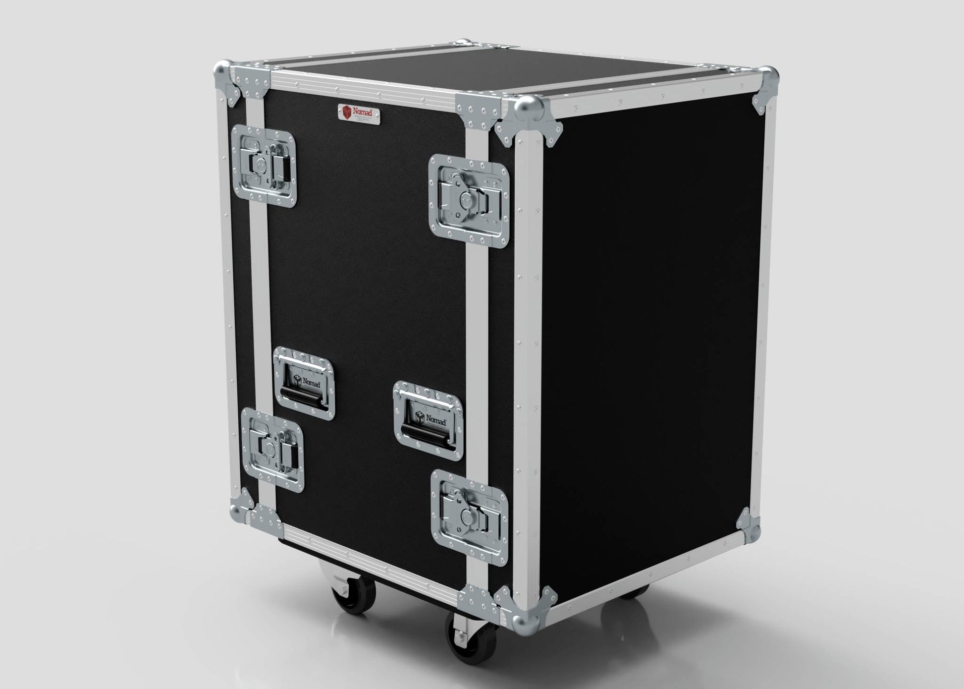 The 18U Foam Shock Mounted 19" Rack Case is a black rectangular rack case with metal reinforcements, four latches, side handles, and rolling caster wheels, shown against a plain background.