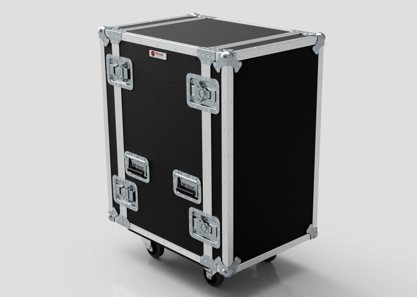 The 18U Standard Rack Case, a black rectangular case with metal reinforcements and handles, is displayed on four wheels against a plain background.