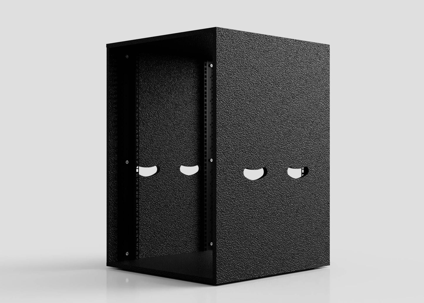 The 18U Standard Rack Sleeve, a black metal open-frame cabinet with vent holes and side openings, stands on a reflective white surface against a plain light background.