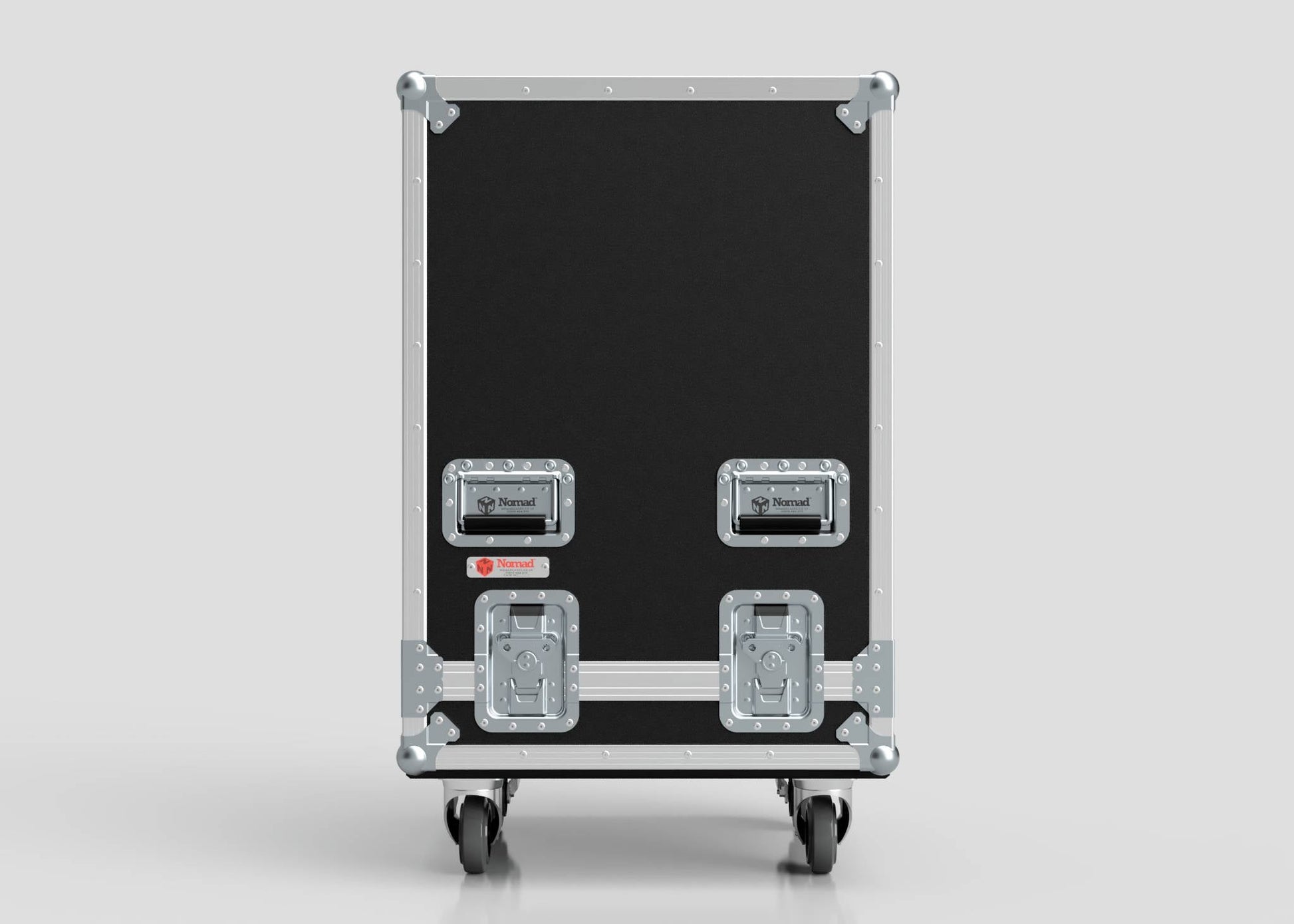 The 18U Standard Rack Sleeve With Case With Lift Off Lid is a large black and silver rolling equipment case with four metal latches and two wheels, shown upright on a plain light background.