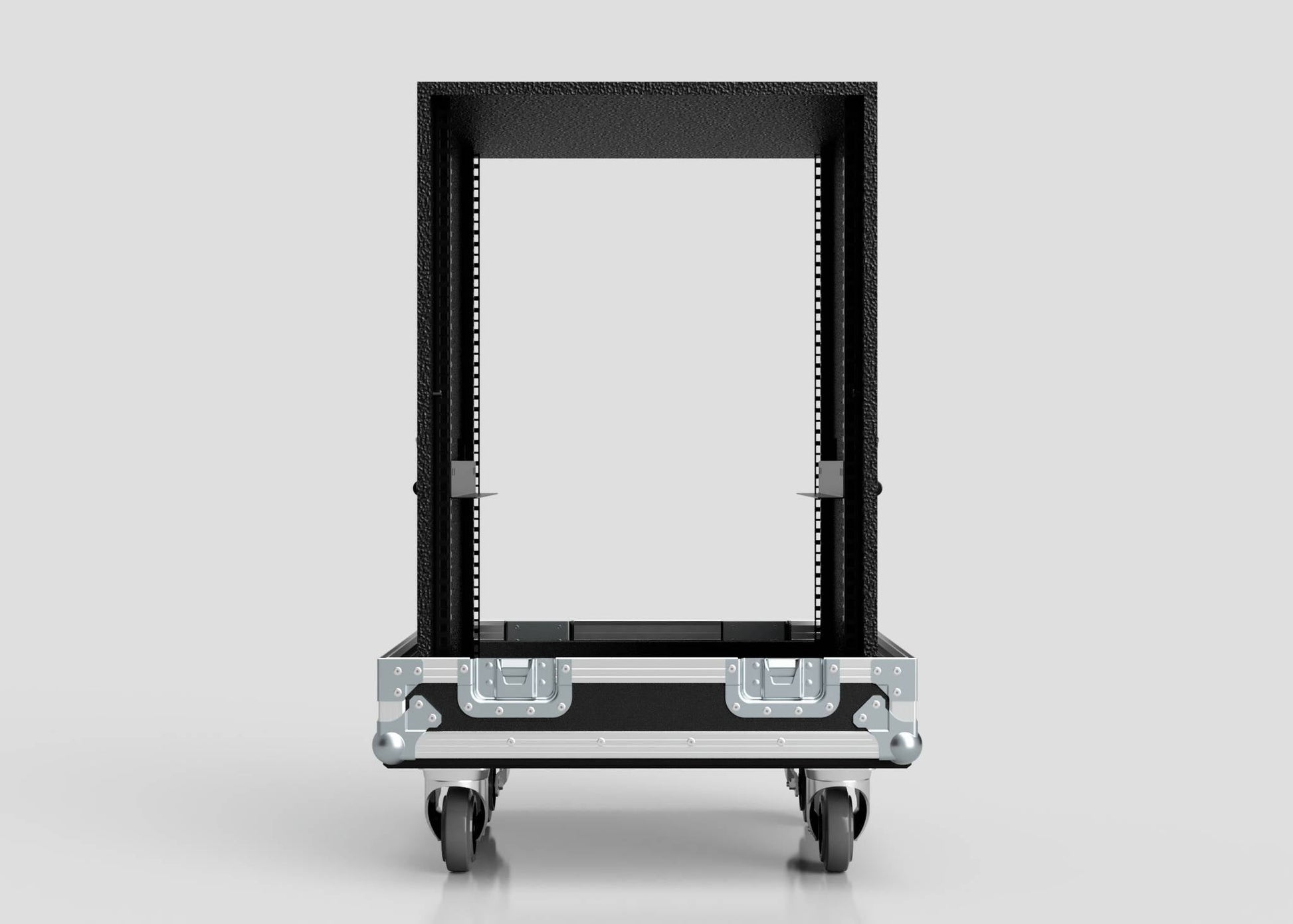 An 18U Standard Rack Sleeve with Case and Lift Off Lid, black metal with an open front, is mounted on four caster wheels and displayed against a plain gray background.