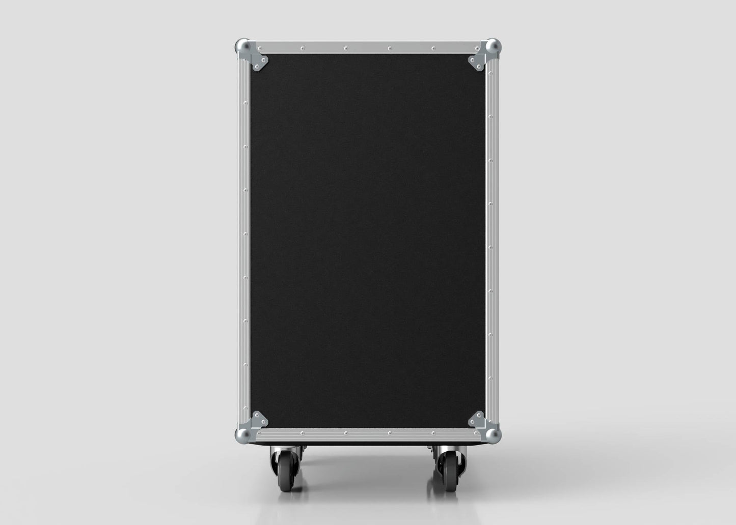 The 18U Suspended Shock Mounted Rack Case is a black rectangular case with metal edges and corners, shock-mounted racks for equipment security, and four caster wheels, shown upright against a plain light background.