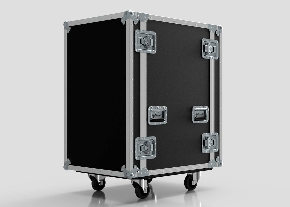 The 18U Suspended Shock Mounted Rack Case is a large black flight case with silver metal edges and hardware, equipped with shock-mounted racks for equipment protection, mounted on four caster wheels, and set against a plain light background.