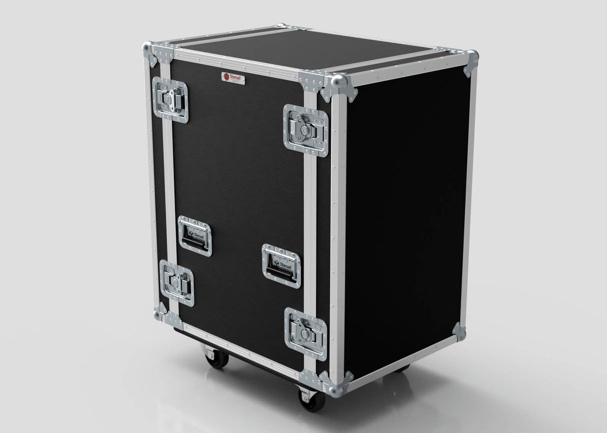 The 18U Suspended Shock Mounted Rack Case is a black rolling equipment case with metal edges, latches, four handles, caster wheels, and suspended shock mounted racks for secure equipment storage, shown against a plain light background.
