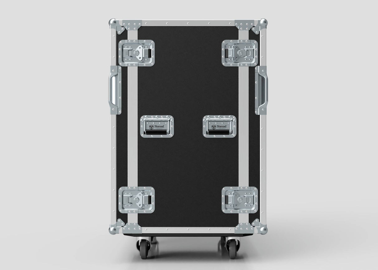 The 19U Double Bay Rack Case, featuring a black and silver design with metal reinforcements, handles, latches, and four wheels, stands upright against a plain background.