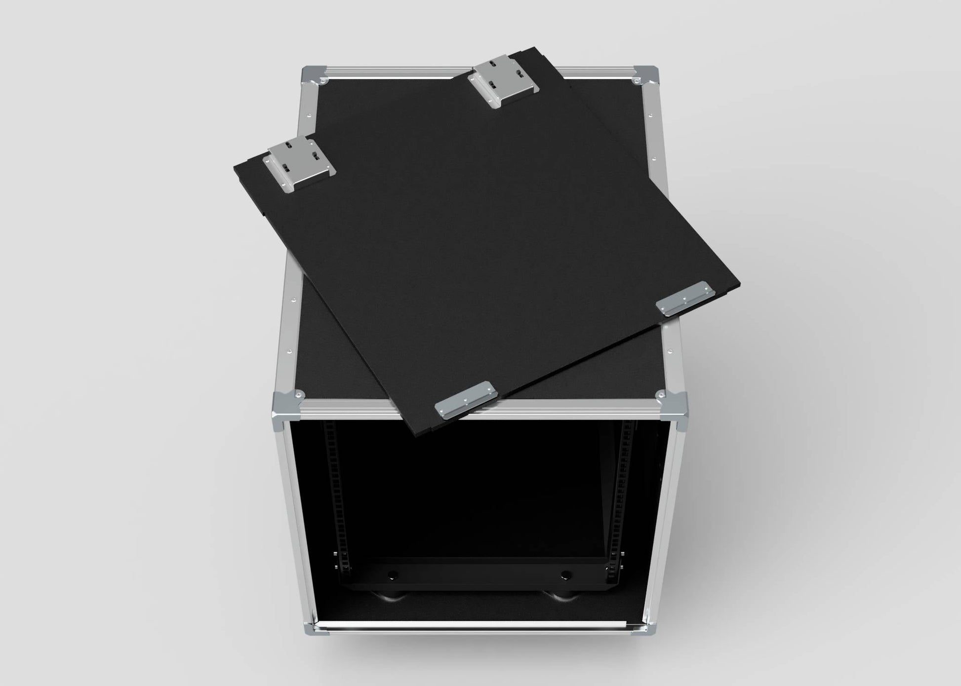 The 19U Shock Mount Slam Rack Case, made of black metal, is shown with its lid removed and placed on top, revealing the interior panel and silver hinges.