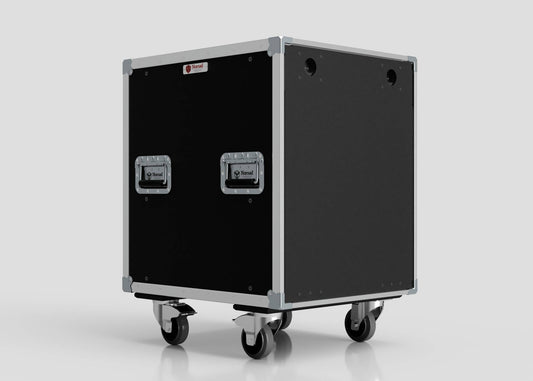 A 19U Slam Rack Case, large and black with metal edges, side handles, and four caster wheels, is shown against a plain light background.